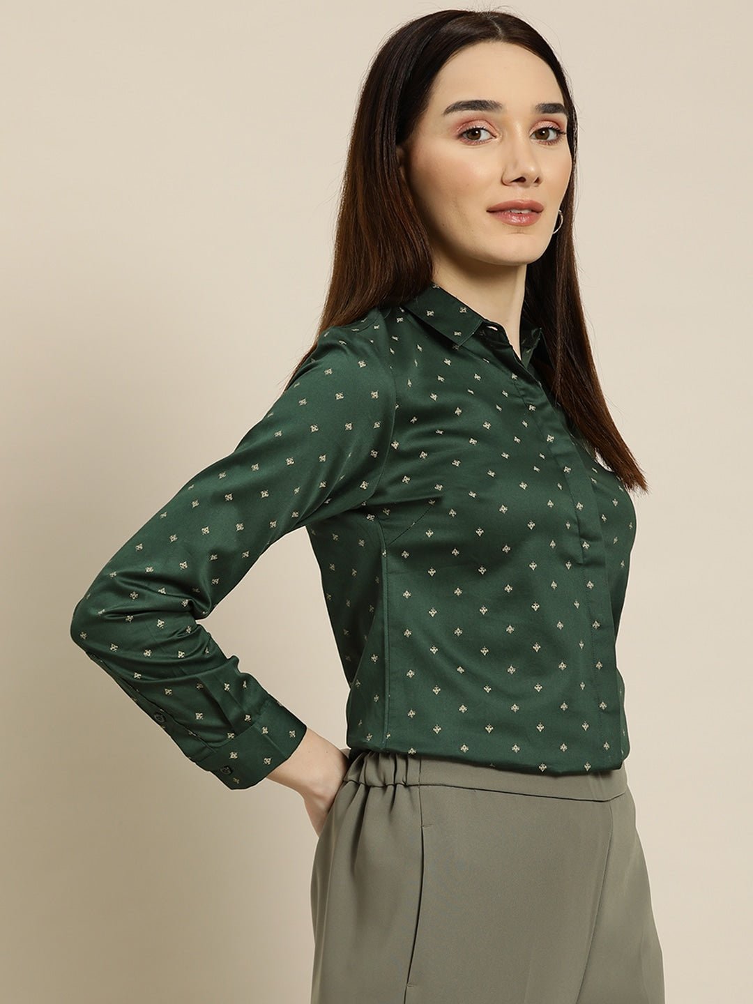 Women Green Solids Pure Cotton Slim Fit Formal Shirt - #folk republic#