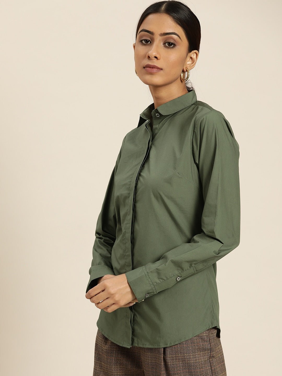 Women Green Solids Pure Cotton Slim Fit Formal Shirt - #folk republic#