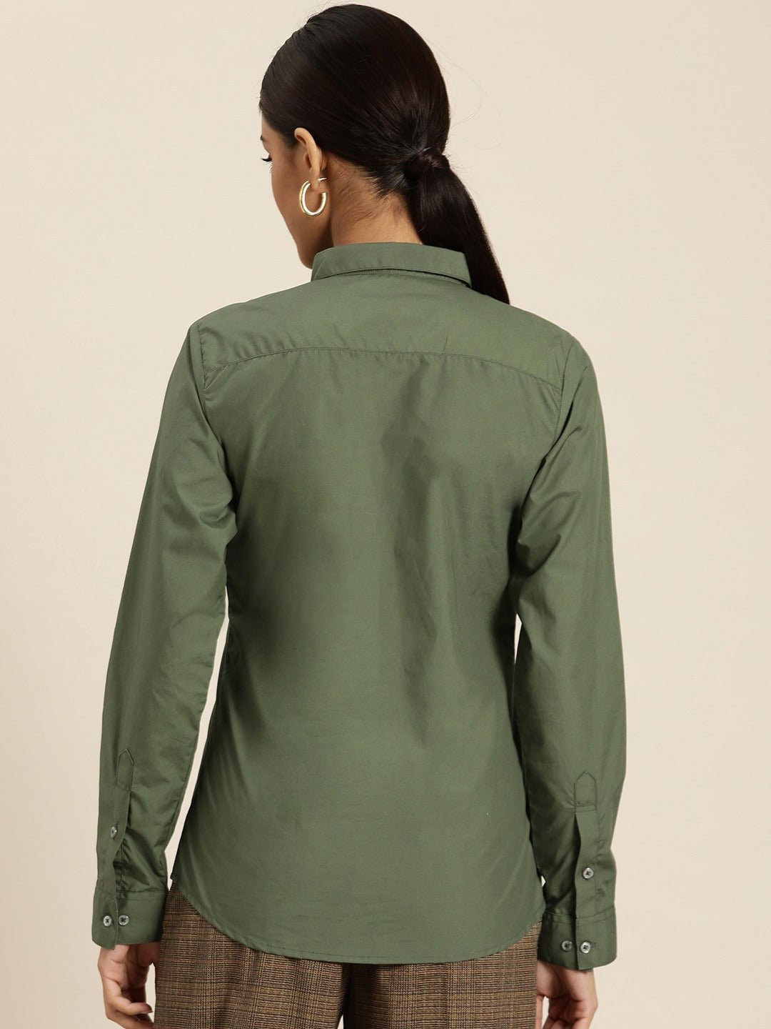 Women Green Solids Pure Cotton Slim Fit Formal Shirt - #folk republic#