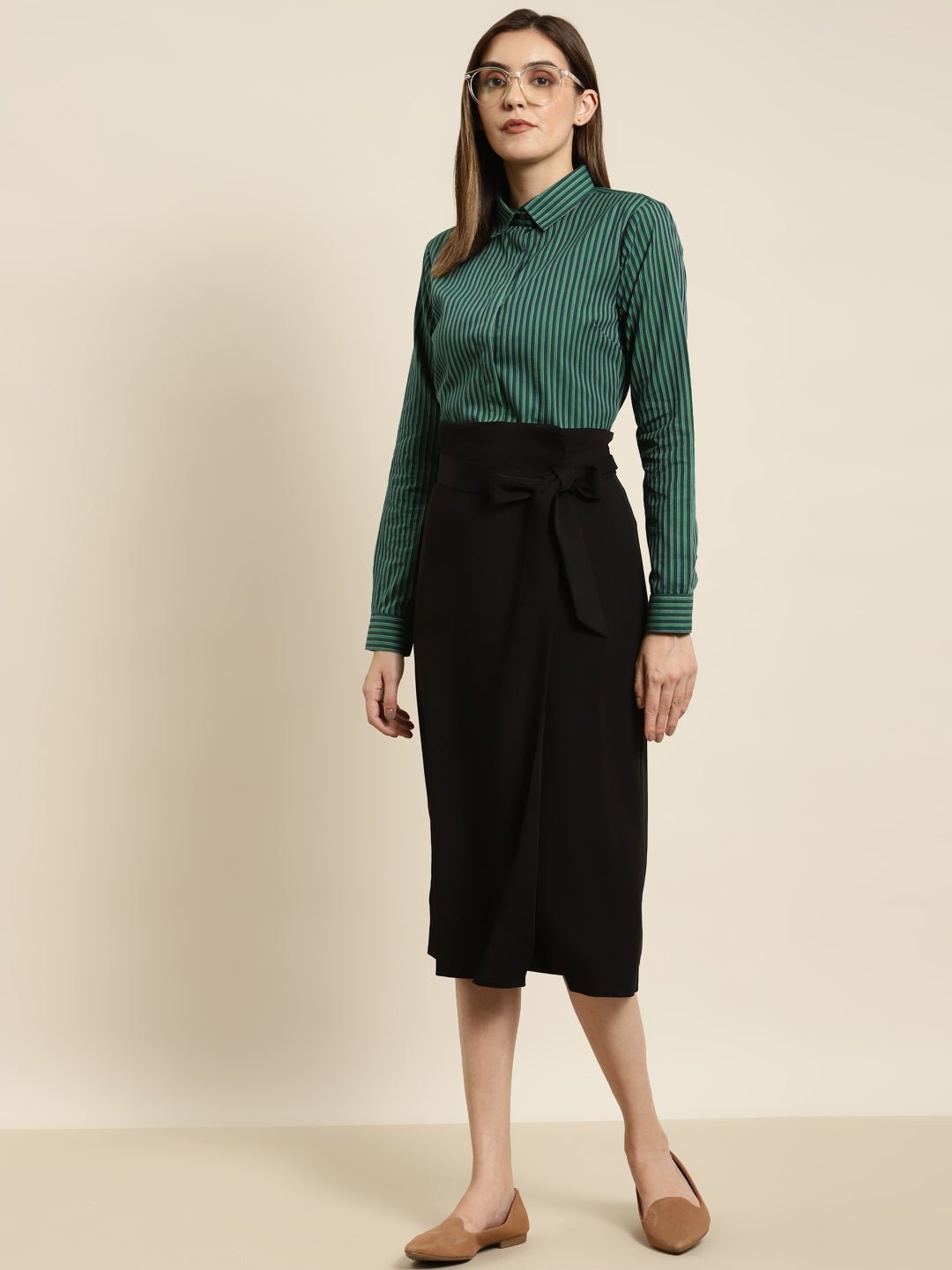 Women Green Striped Pure Cotton Regular Fit Formal Shirt - #folk republic#