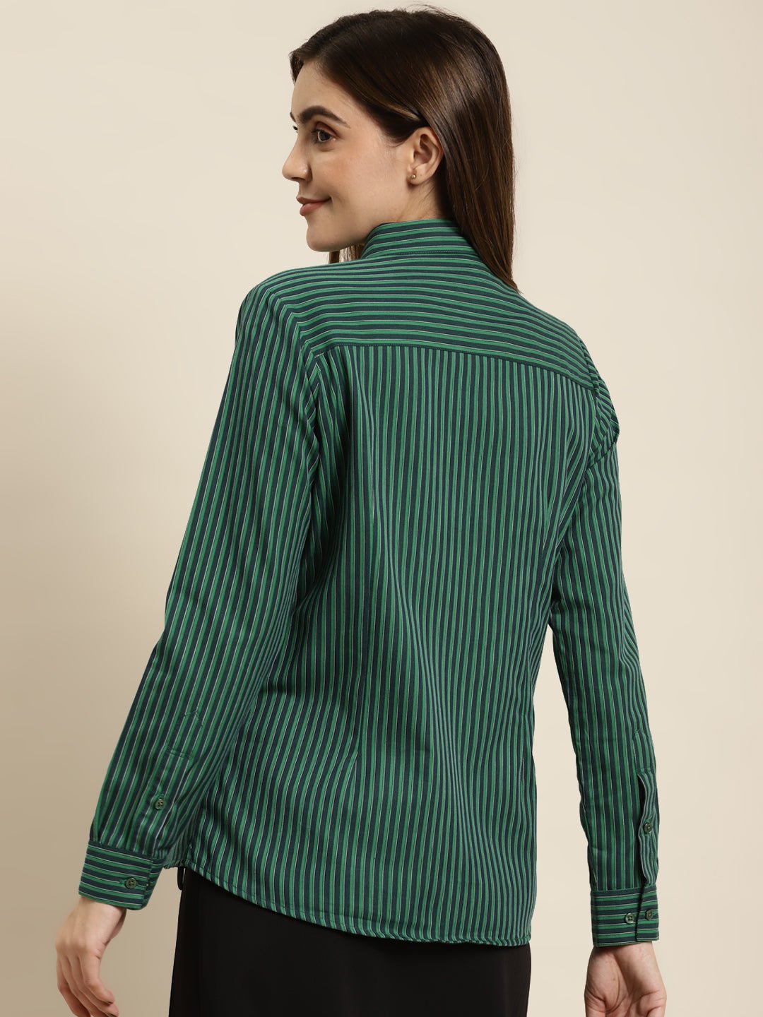 Women Green Striped Pure Cotton Regular Fit Formal Shirt - #folk republic#