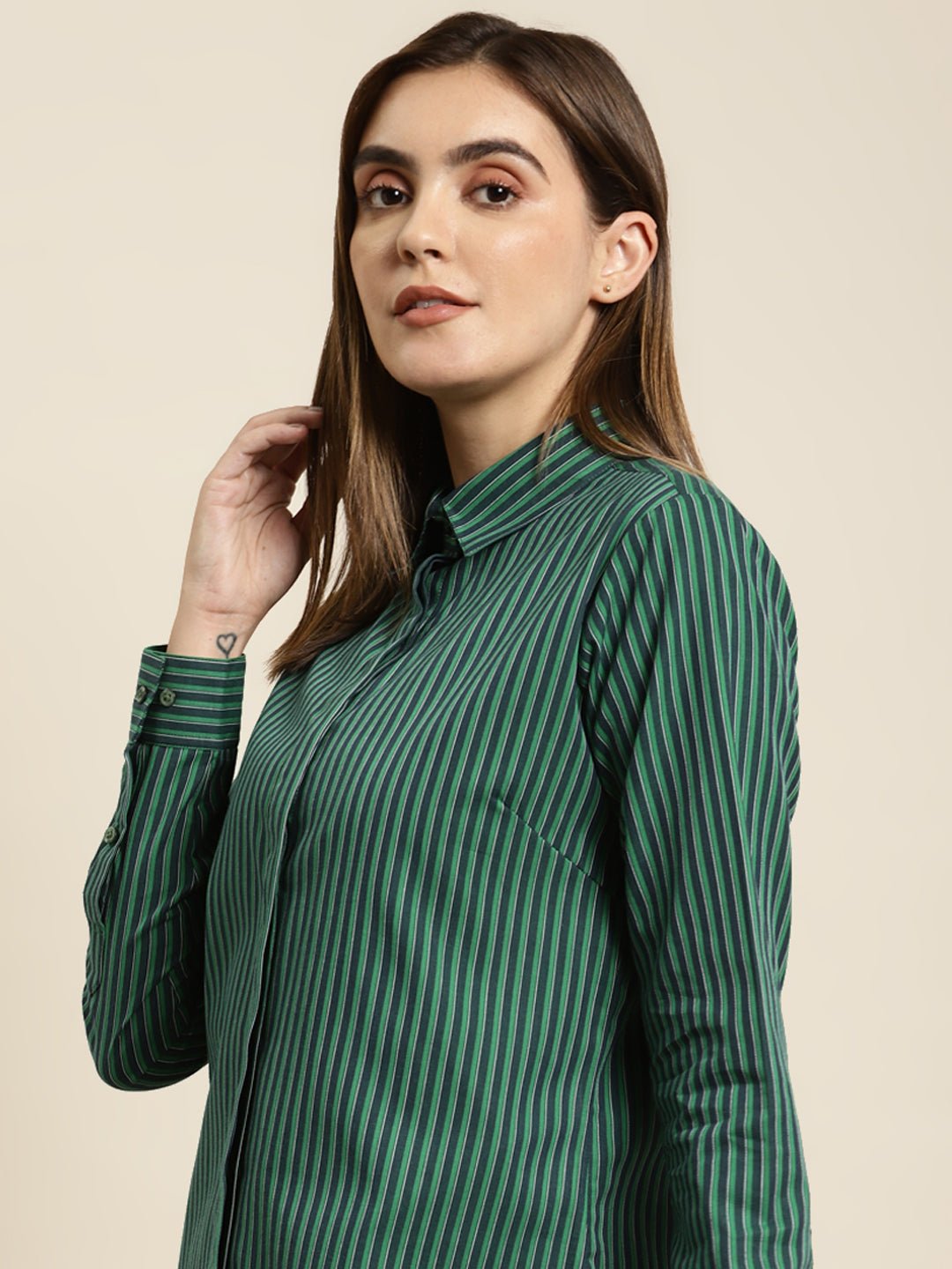 Women Green Striped Pure Cotton Regular Fit Formal Shirt - #folk republic#