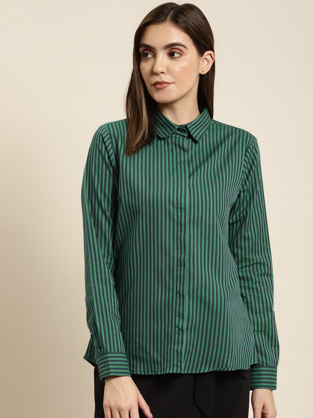 Women Green Striped Pure Cotton Regular Fit Formal Shirt - #folk republic#