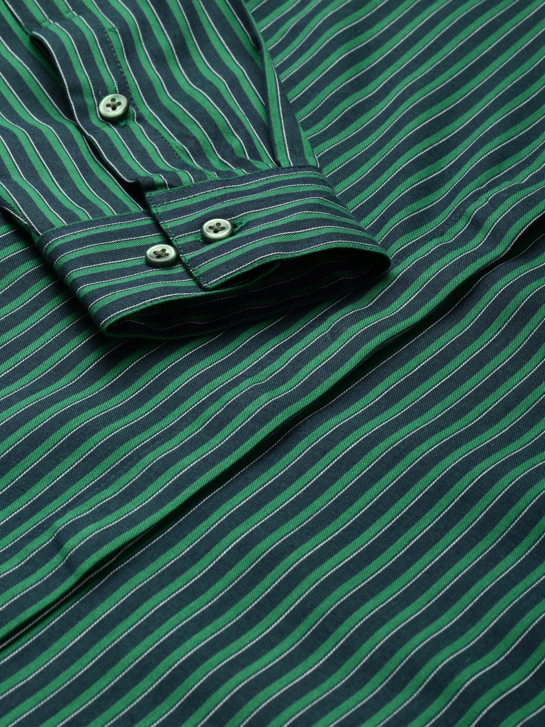 Women Green Striped Pure Cotton Regular Fit Formal Shirt - #folk republic#