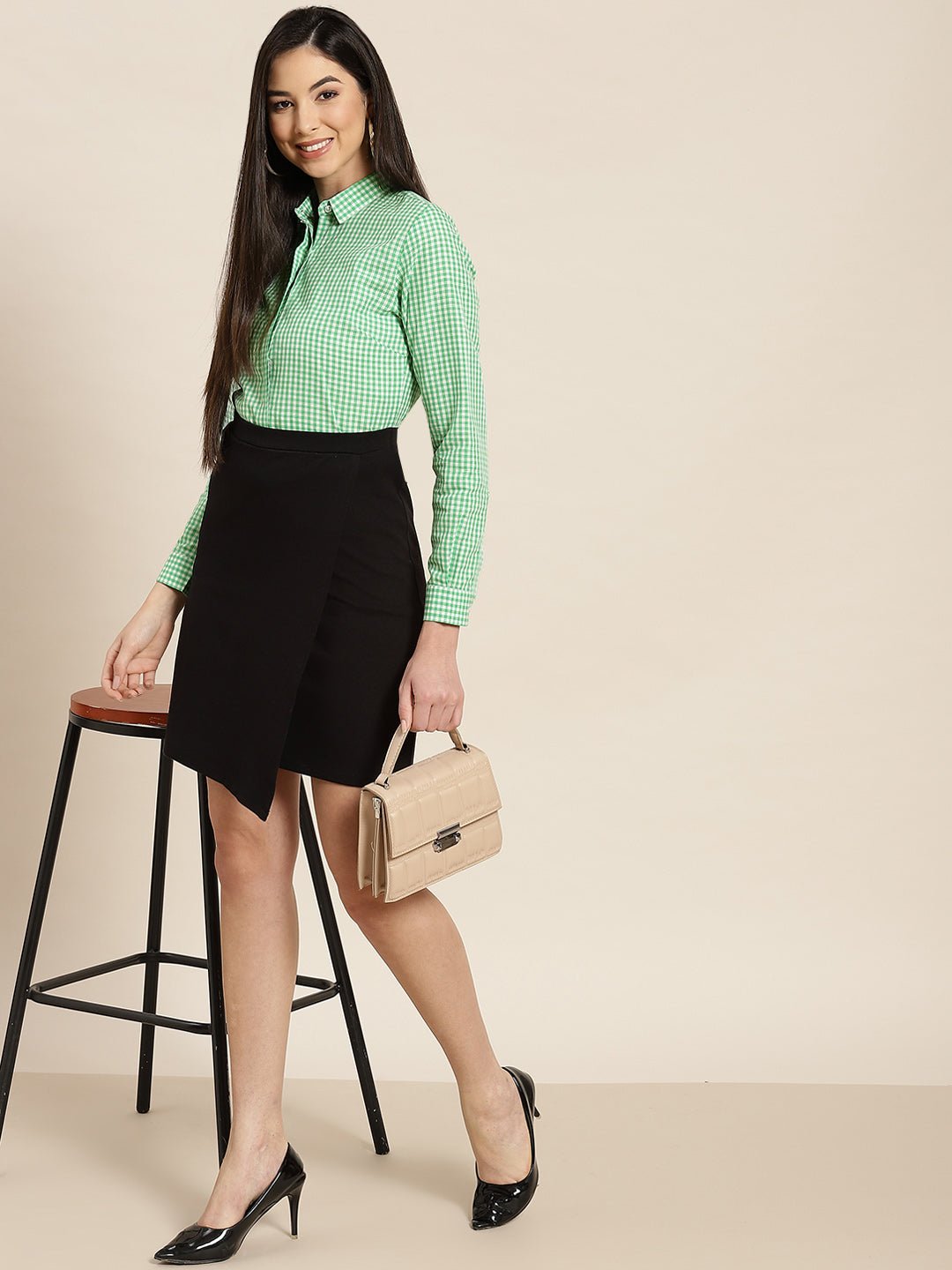 Women Green & White Checks Pure Cotton Slim Fit Formal Shirt - #folk republic#