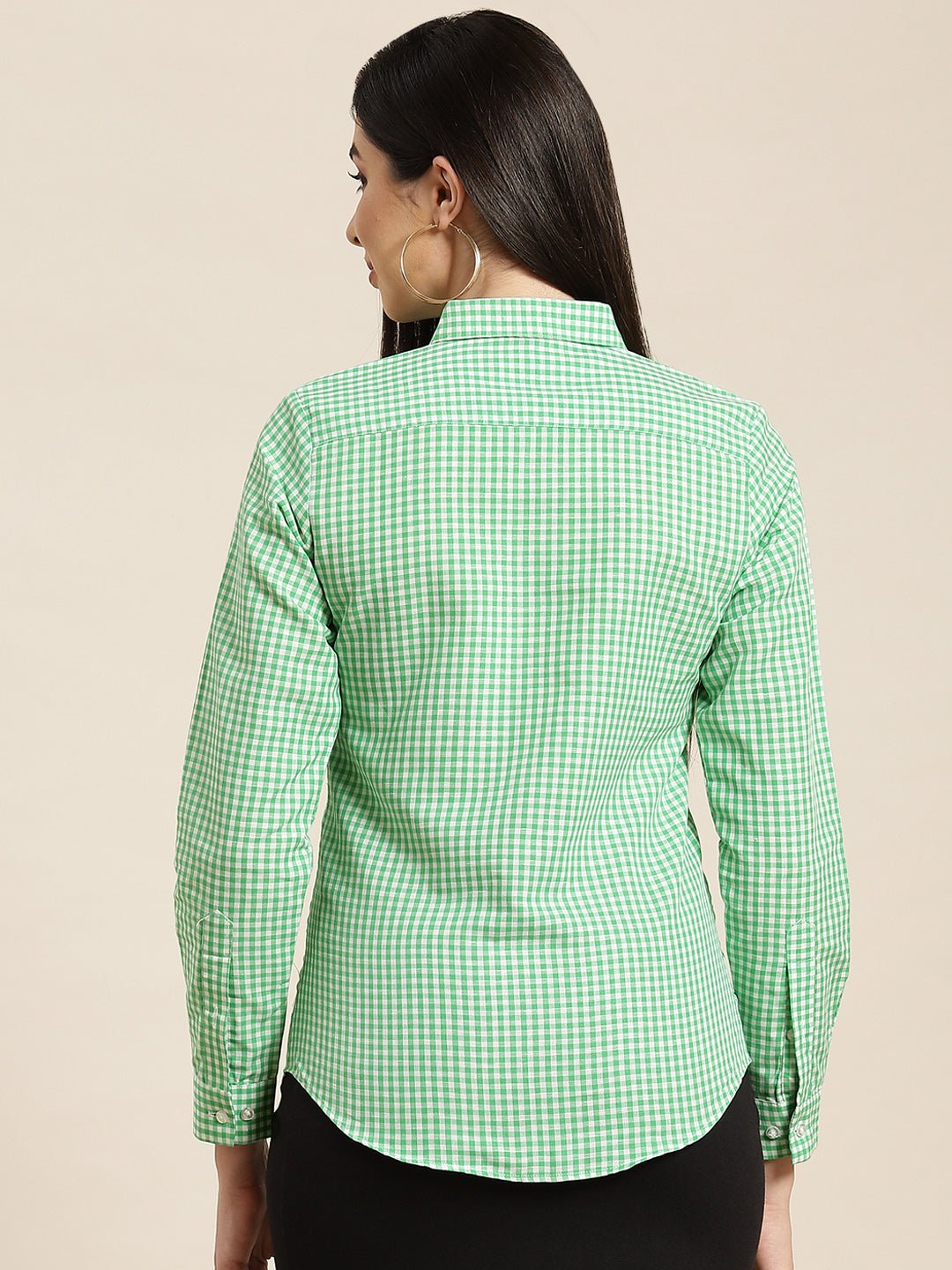 Women Green & White Checks Pure Cotton Slim Fit Formal Shirt - #folk republic#