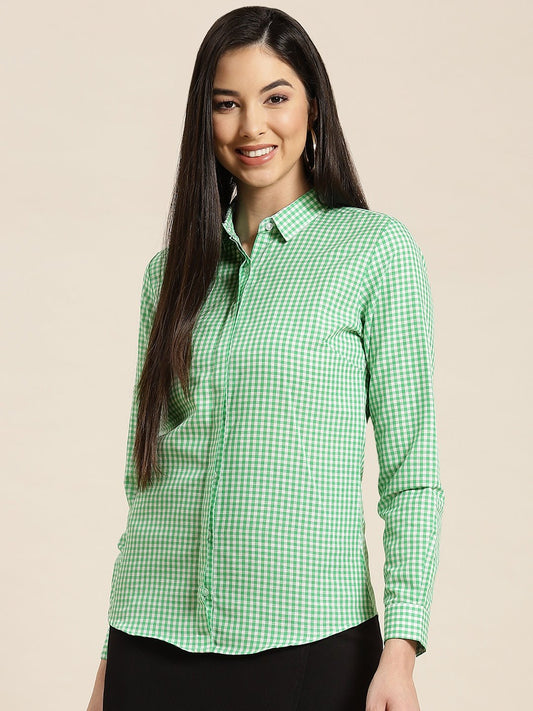 Women Green & White Checks Pure Cotton Slim Fit Formal Shirt - #folk republic#