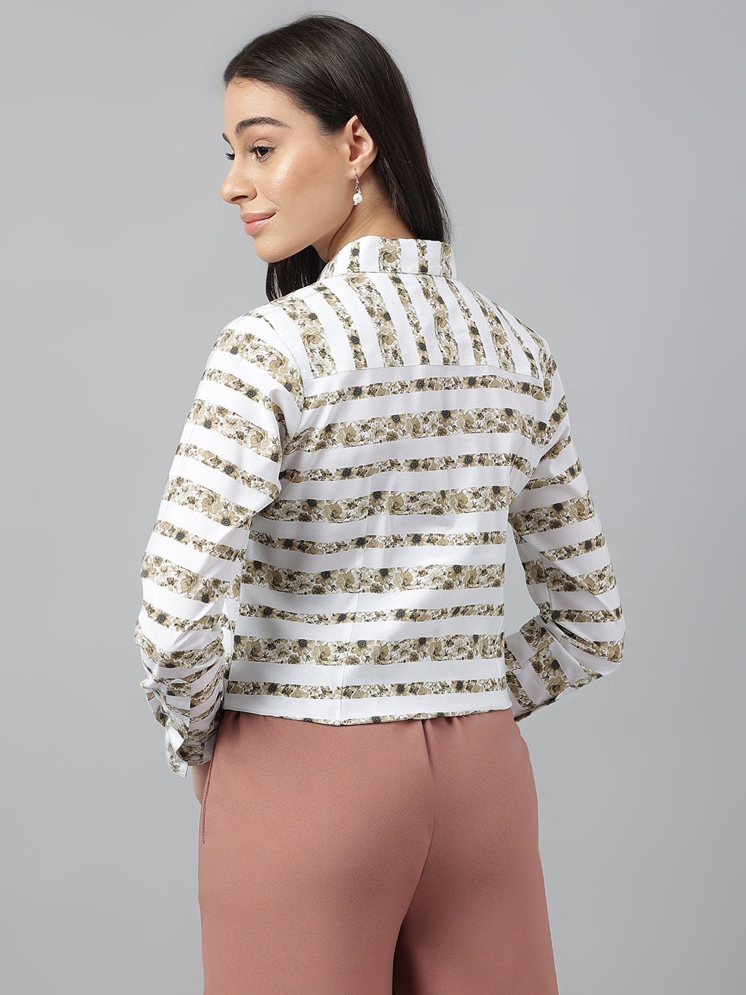 Women Green &White Prints Pure Cotton Regular Fit Formal Shirt - #folk republic#