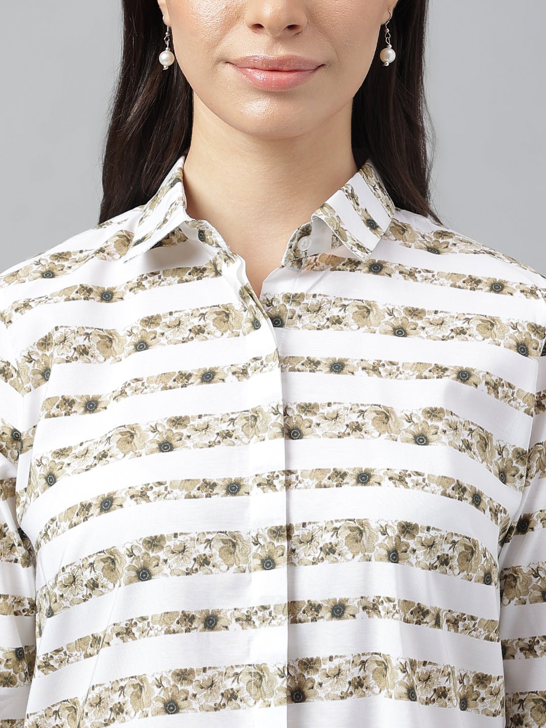 Women Green &White Prints Pure Cotton Regular Fit Formal Shirt - #folk republic#