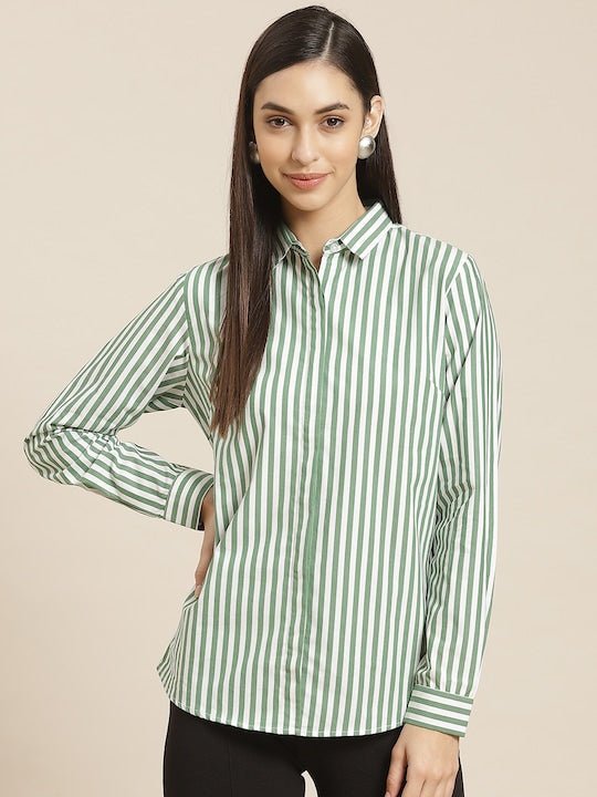 Women Green & White Striped Pure Cotton Slim Fit Formal Shirt - #folk republic#