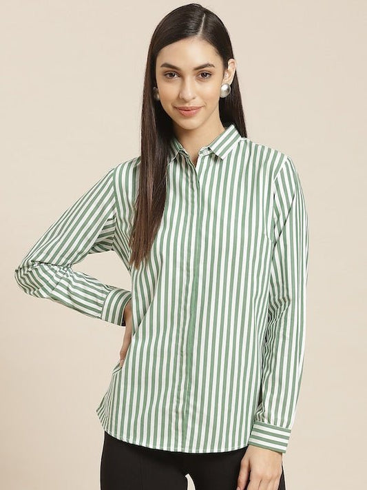 Women Green & White Striped Pure Cotton Slim Fit Formal Shirt - #folk republic#