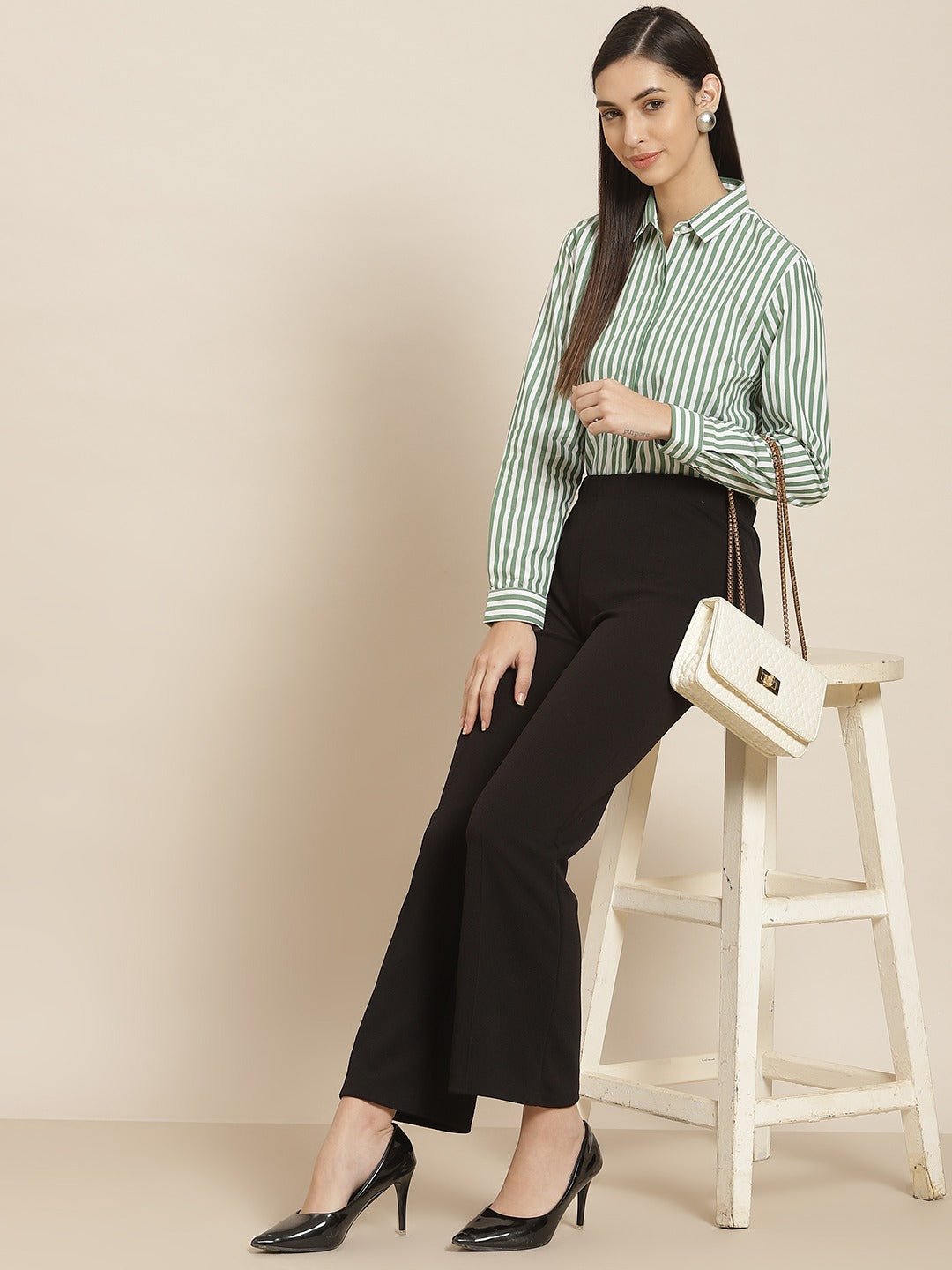 Women Green & White Striped Pure Cotton Slim Fit Formal Shirt - #folk republic#