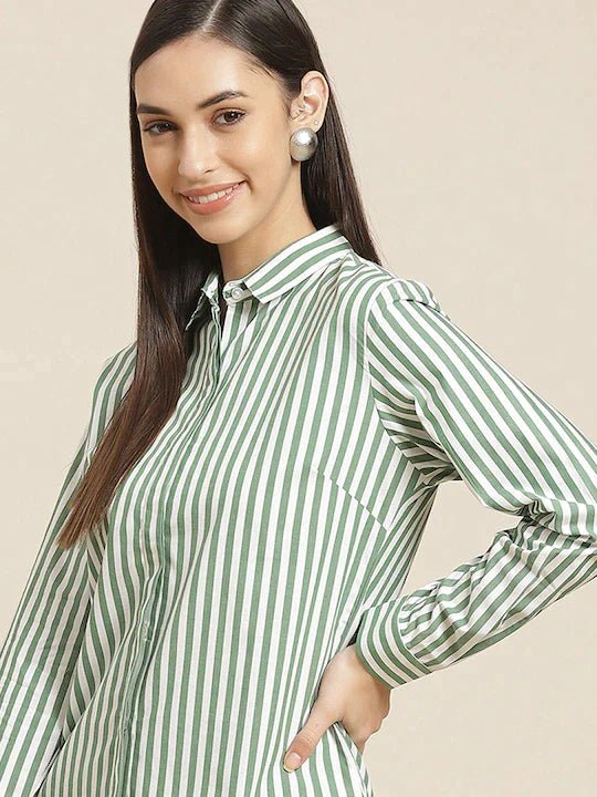 Women Green & White Striped Pure Cotton Slim Fit Formal Shirt - #folk republic#