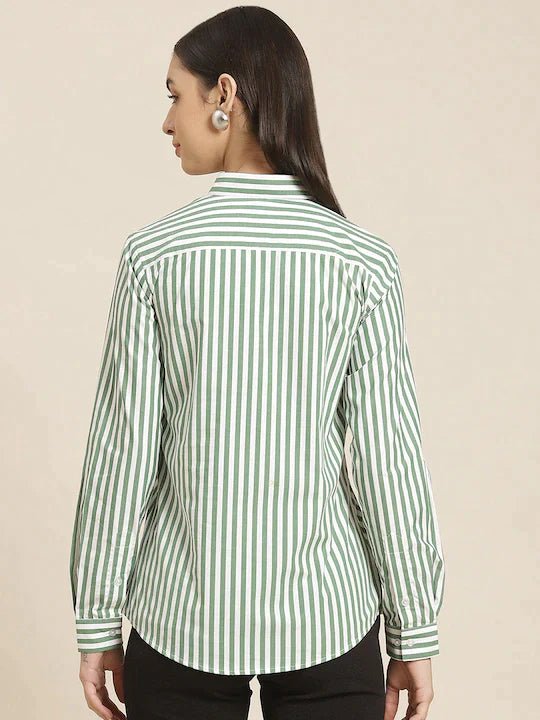 Women Green & White Striped Pure Cotton Slim Fit Formal Shirt - #folk republic#