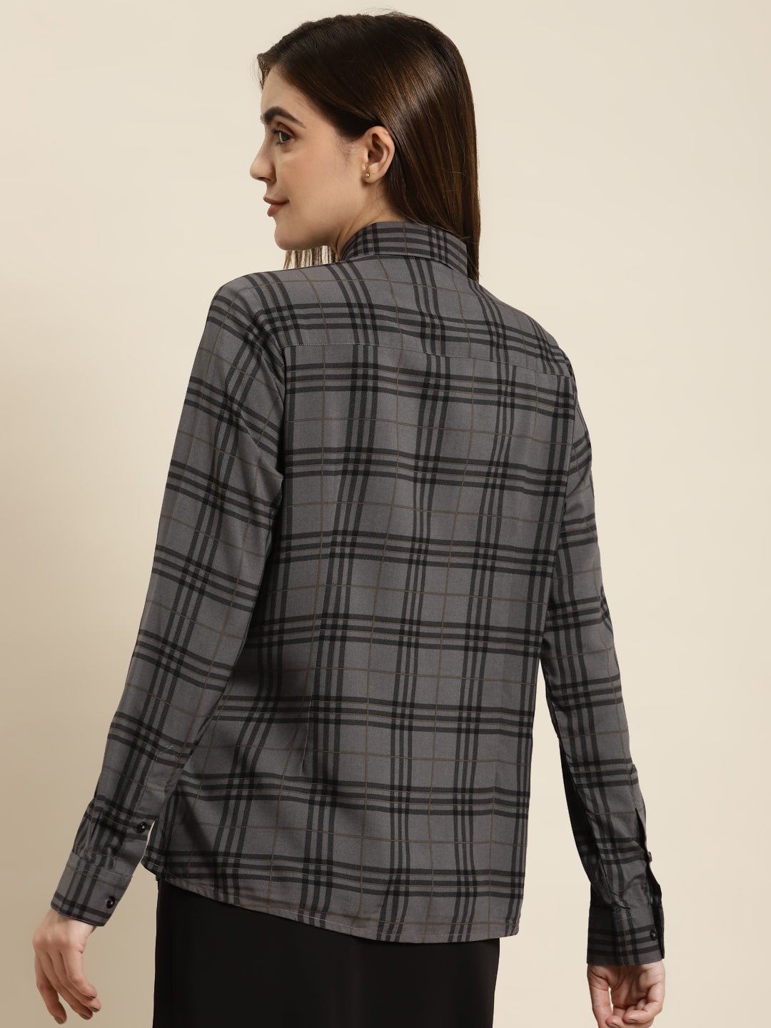 Women Grey & Black Checked Viscose Rayon Regular Fit Formal Shirt - #folk republic#