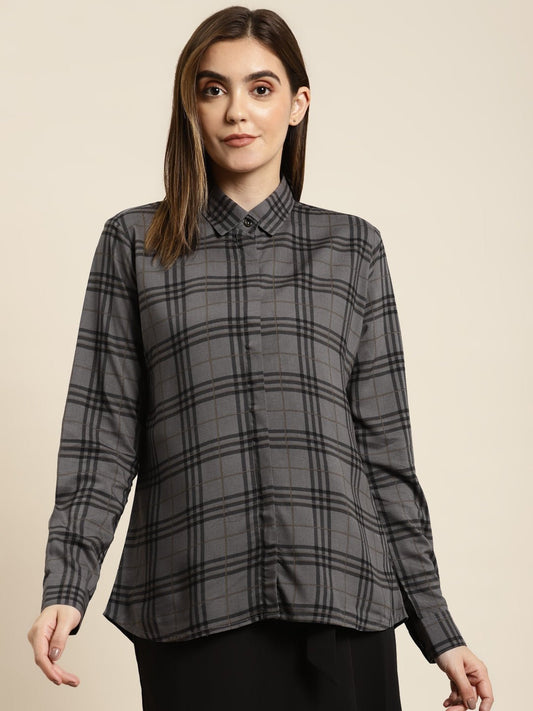 Women Grey & Black Checked Viscose Rayon Regular Fit Formal Shirt - #folk republic#