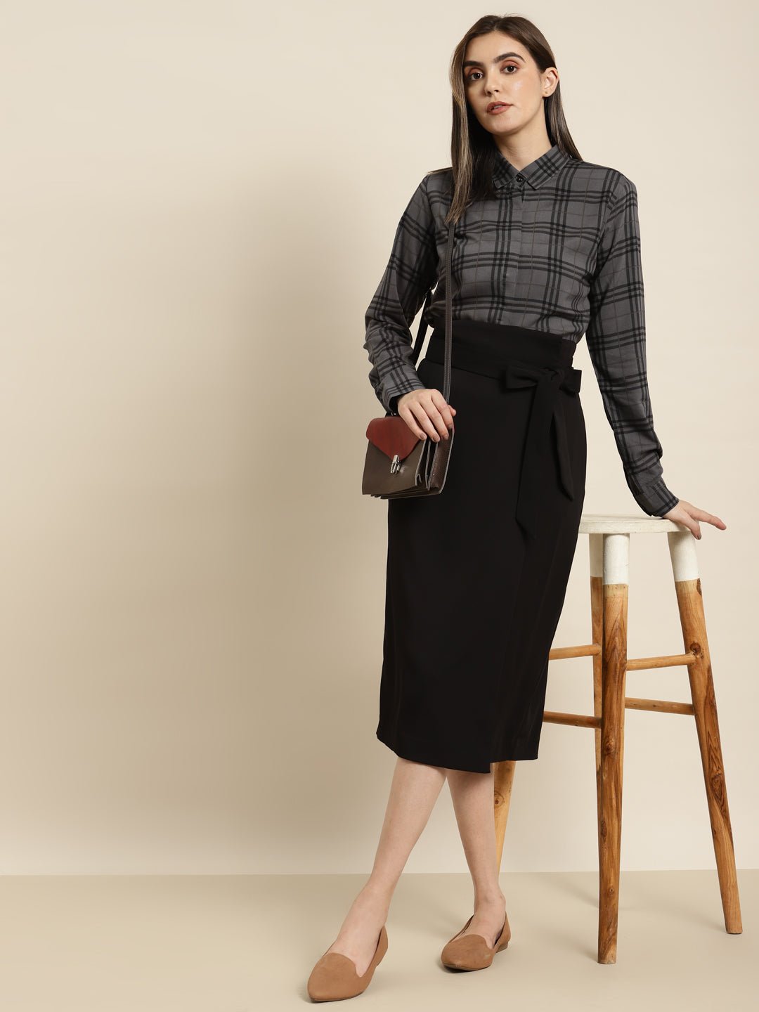 Women Grey & Black Checked Viscose Rayon Regular Fit Formal Shirt - #folk republic#