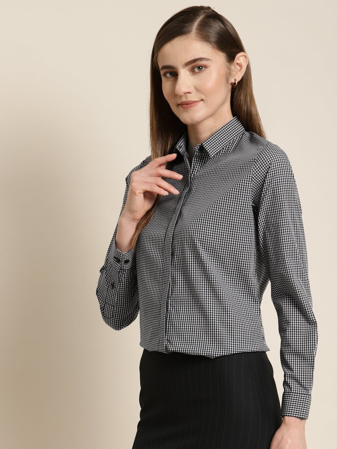 Women Grey Checked Pure Cotton Slim Fit Formal Shirt - #folk republic#