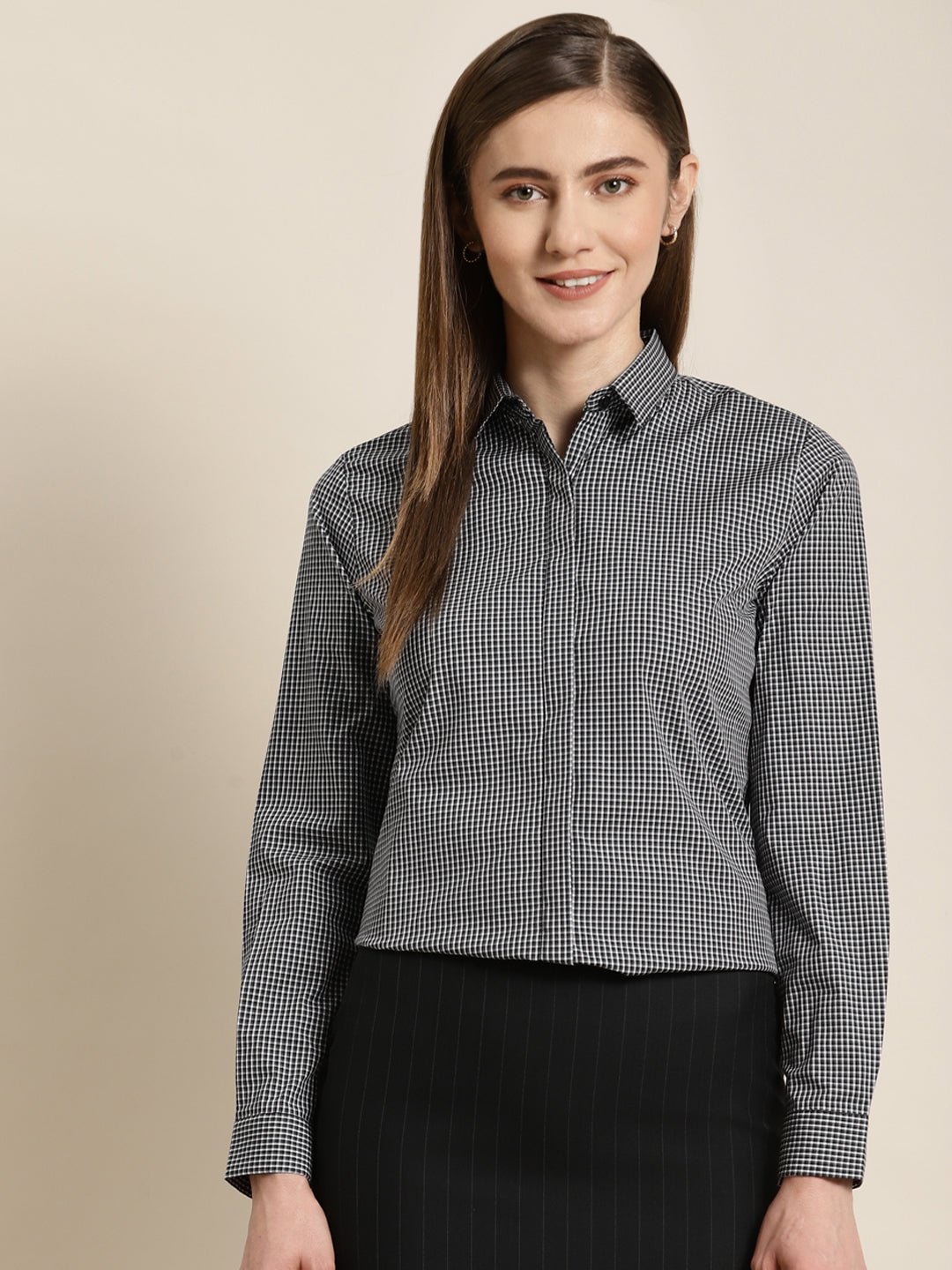 Women Grey Checked Pure Cotton Slim Fit Formal Shirt - #folk republic#