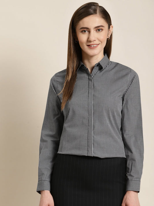 Women Grey Checked Pure Cotton Slim Fit Formal Shirt - #folk republic#