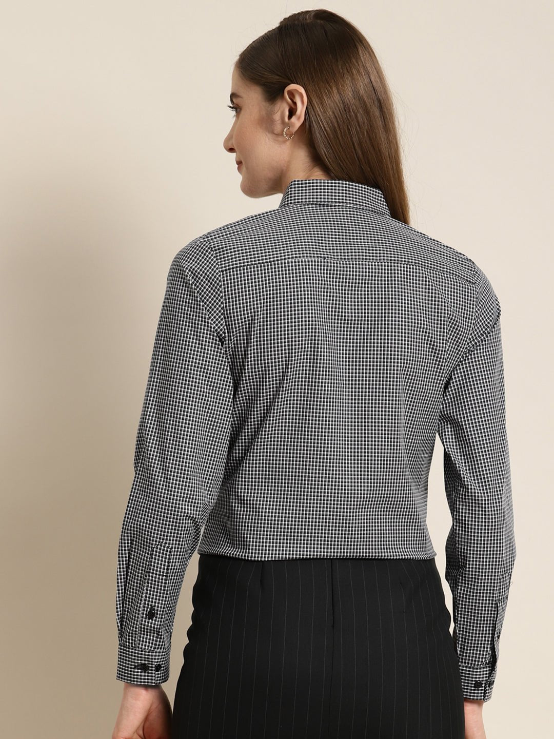 Women Grey Checked Pure Cotton Slim Fit Formal Shirt - #folk republic#