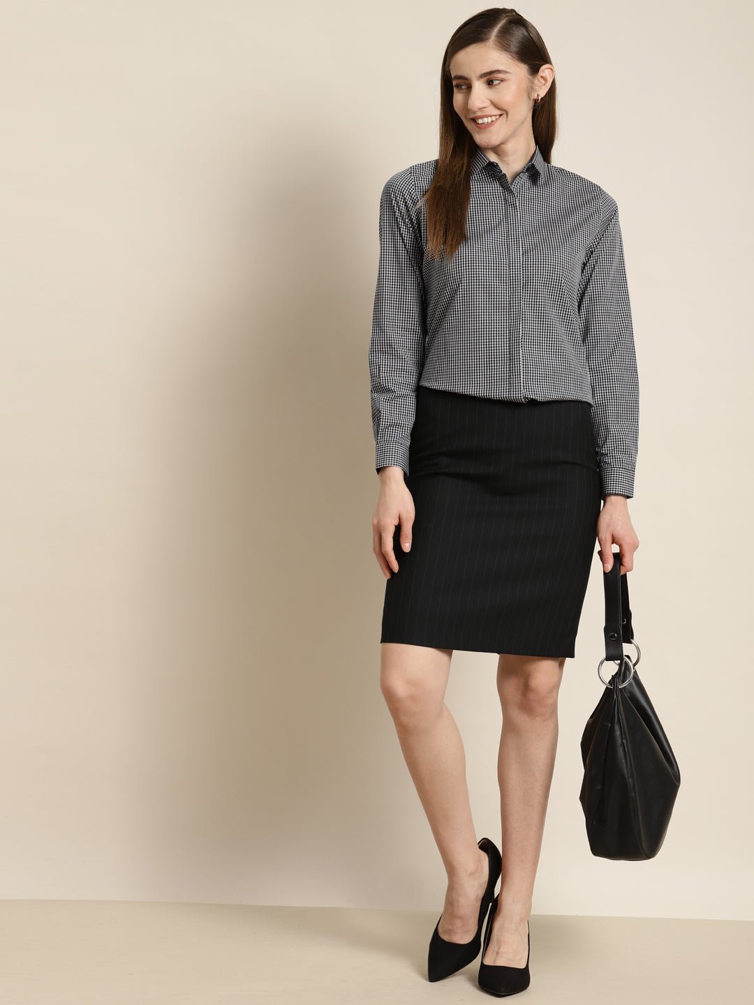 Women Grey Checked Pure Cotton Slim Fit Formal Shirt - #folk republic#