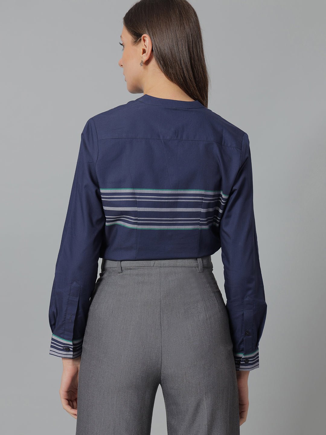 Women Grey & Navy Stripes Pure Cotton Regular Fit Formal Shirt - #folk republic#