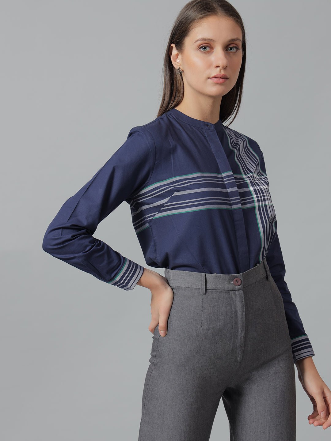 Women Grey & Navy Stripes Pure Cotton Regular Fit Formal Shirt - #folk republic#