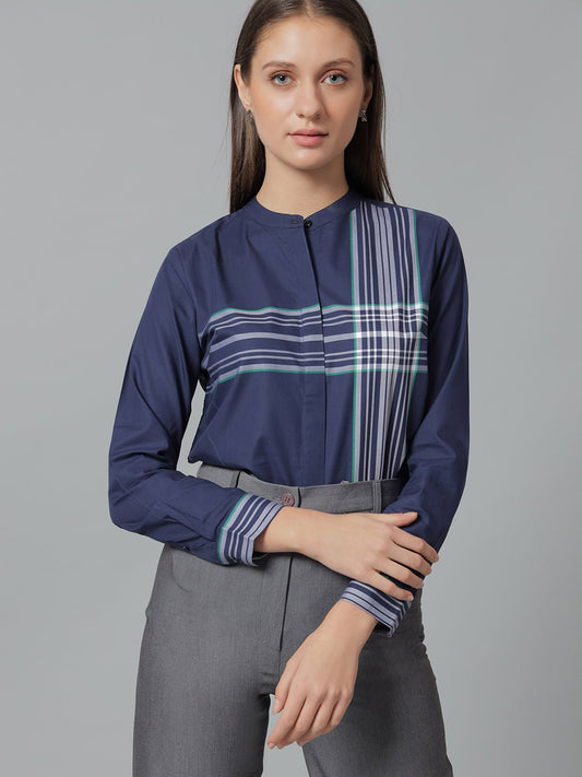 Women Grey & Navy Stripes Pure Cotton Regular Fit Formal Shirt - #folk republic#