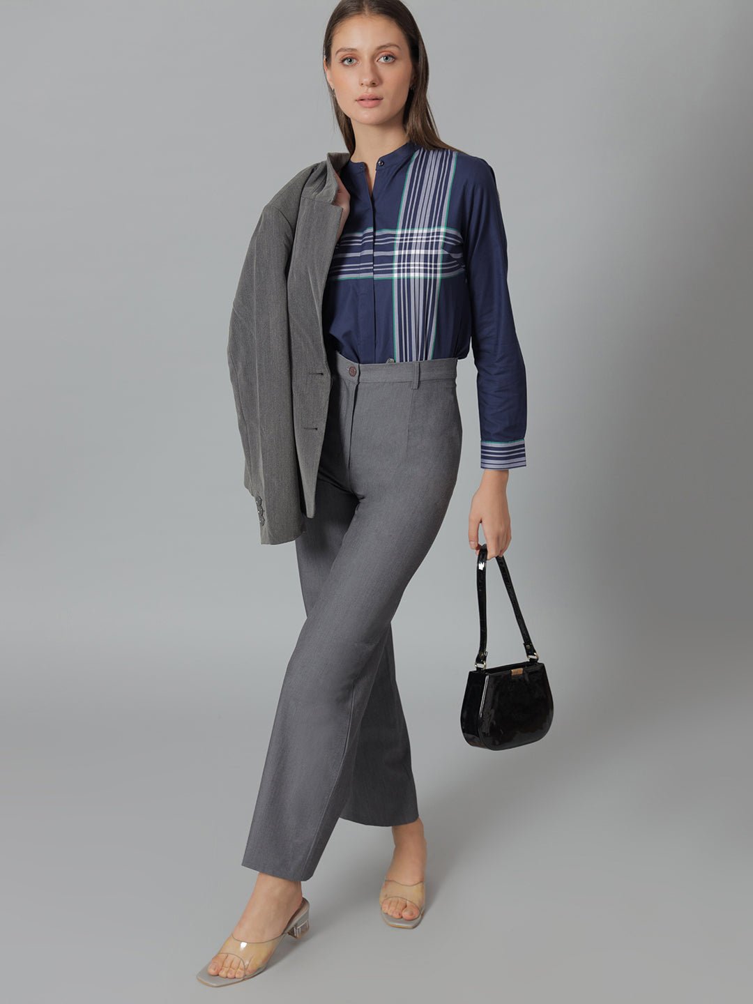 Women Grey & Navy Stripes Pure Cotton Regular Fit Formal Shirt - #folk republic#