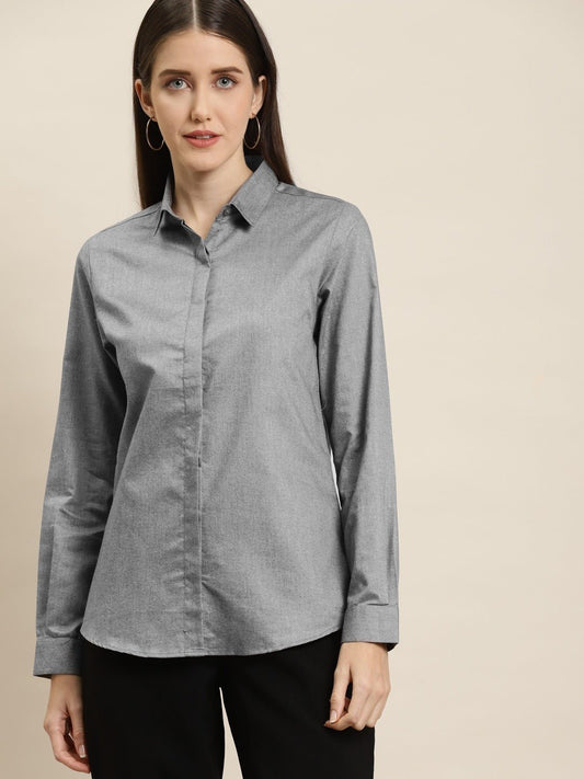Women Grey Solid Chambray Cotton Rich Slim Fit Formal Shirt - #folk republic#