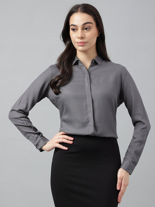 Women Grey Solid Viscose Rayon Regular Fit Formal Shirt - #folk republic#