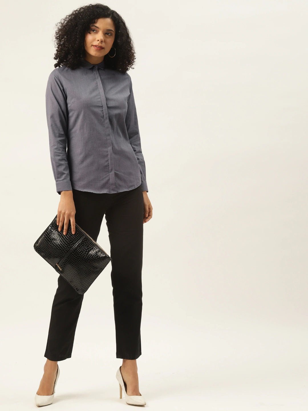 Women Grey Solids Pure Cotton Slim Fit Formal Shirt - #folk republic#