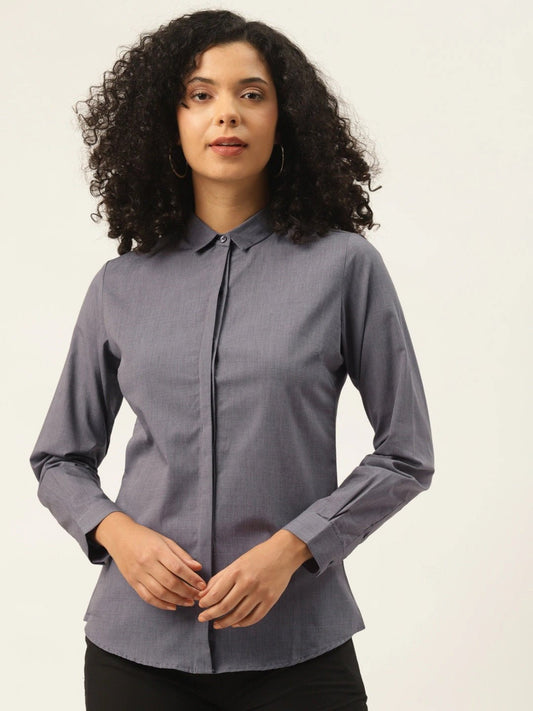 Women Grey Solids Pure Cotton Slim Fit Formal Shirt - #folk republic#