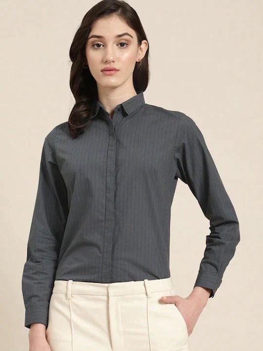 Women Grey Striped Pure Cotton Slim Fit Formal Shirt - #folk republic#