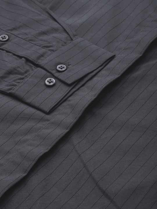Women Grey Striped Pure Cotton Slim Fit Formal Shirt - #folk republic#