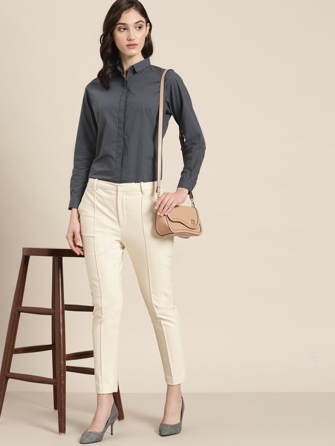 Women Grey Striped Pure Cotton Slim Fit Formal Shirt - #folk republic#