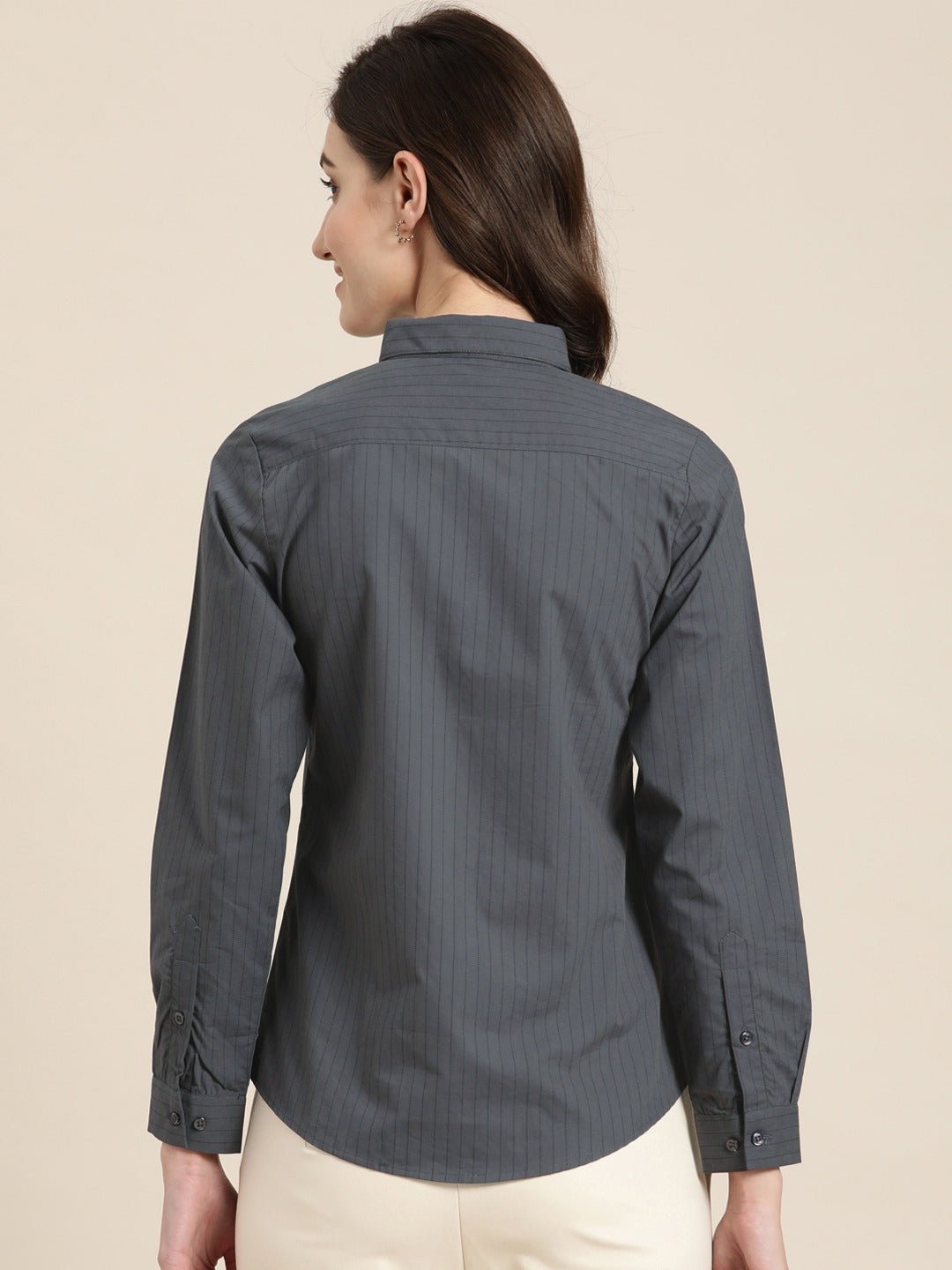 Women Grey Striped Pure Cotton Slim Fit Formal Shirt - #folk republic#