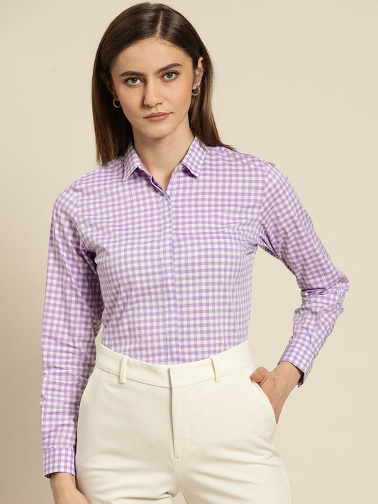 Women Lavendar & White Checked Pure Cotton Slim Fit Formal Shirt - #folk republic#