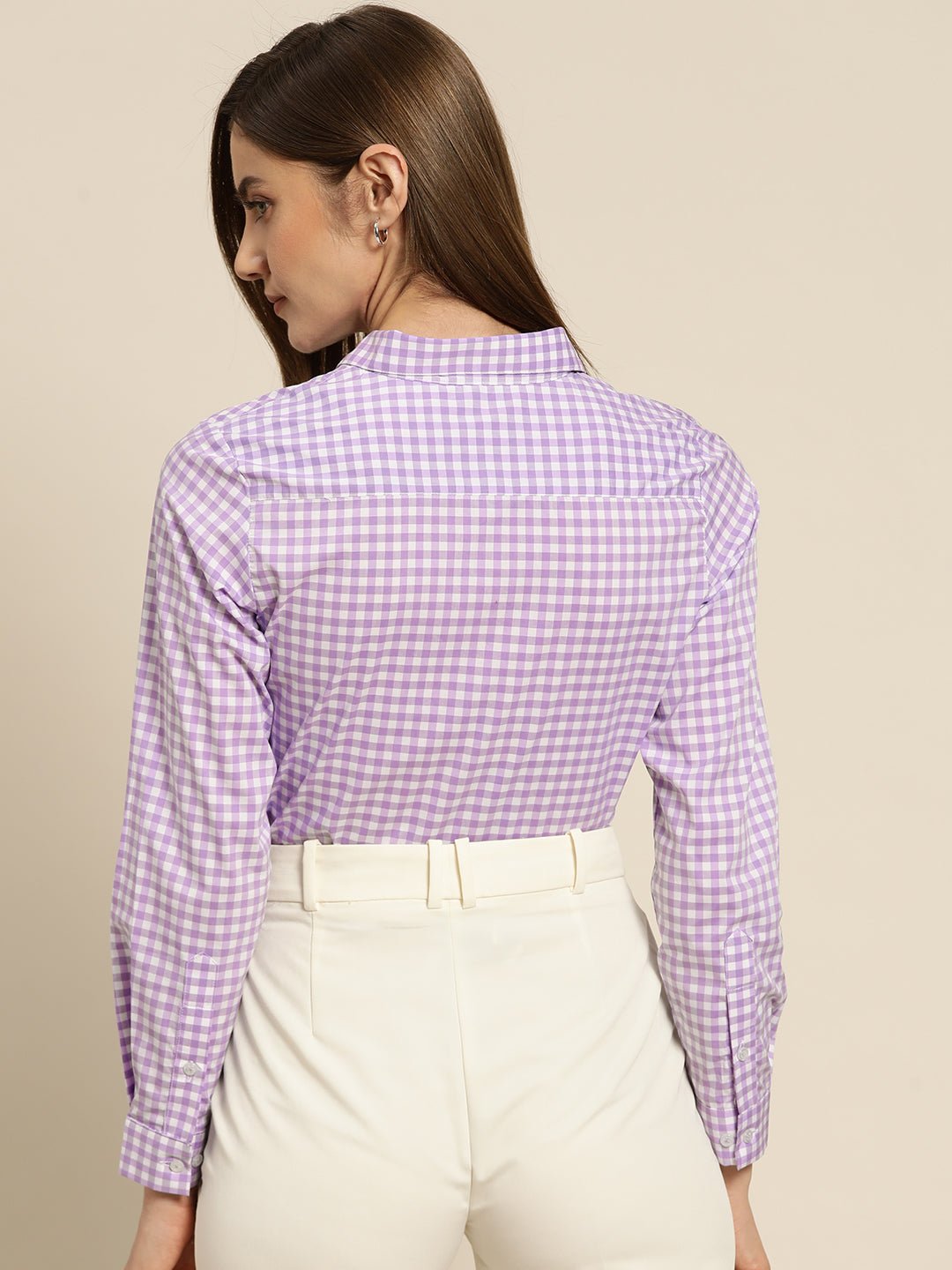 Women Lavendar & White Checked Pure Cotton Slim Fit Formal Shirt - #folk republic#