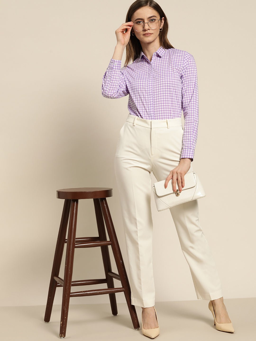 Women Lavendar & White Checked Pure Cotton Slim Fit Formal Shirt - #folk republic#