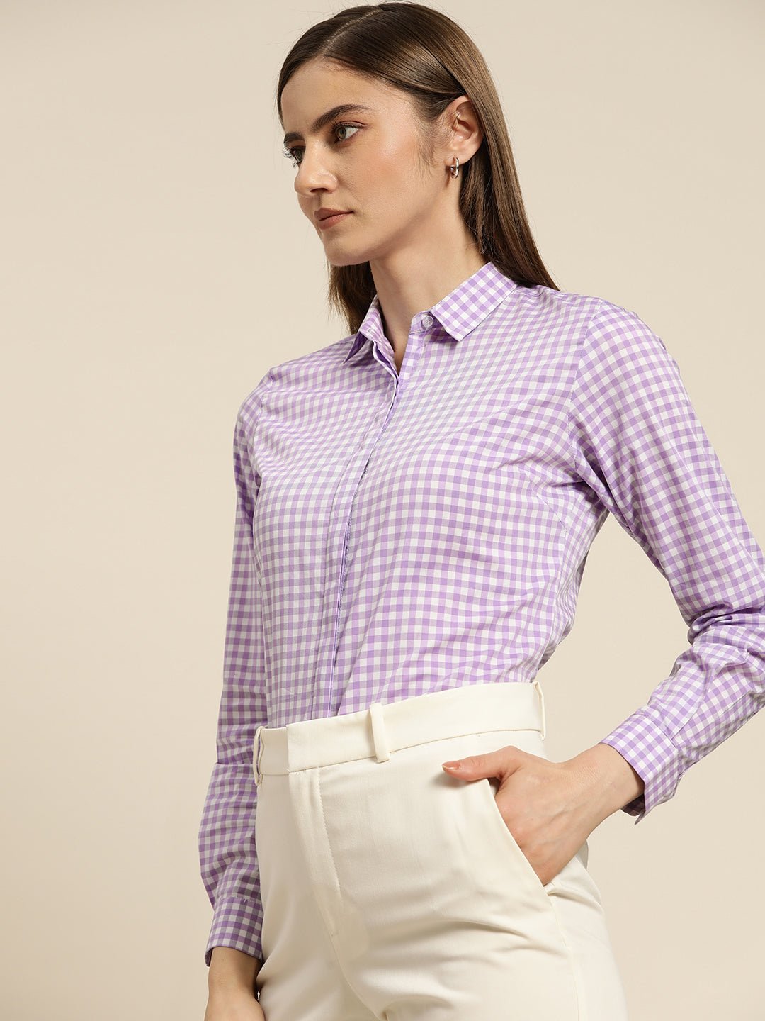 Women Lavendar & White Checked Pure Cotton Slim Fit Formal Shirt - #folk republic#