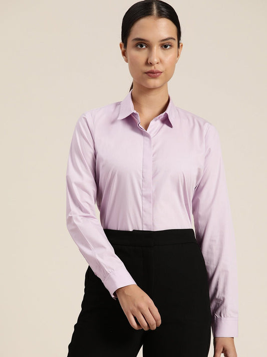 Women Lavender Solid Pure Cotton Regular Fit Formal Shirt - #folk republic#