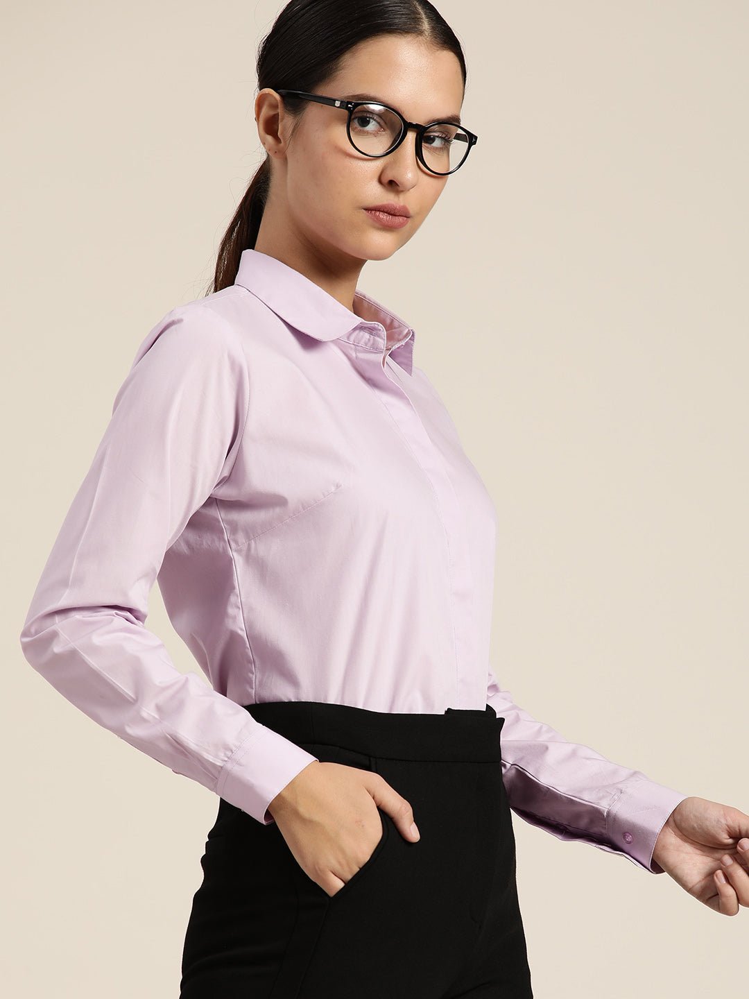 Women Lavender Solid Pure Cotton Regular Fit Formal Shirt - #folk republic#
