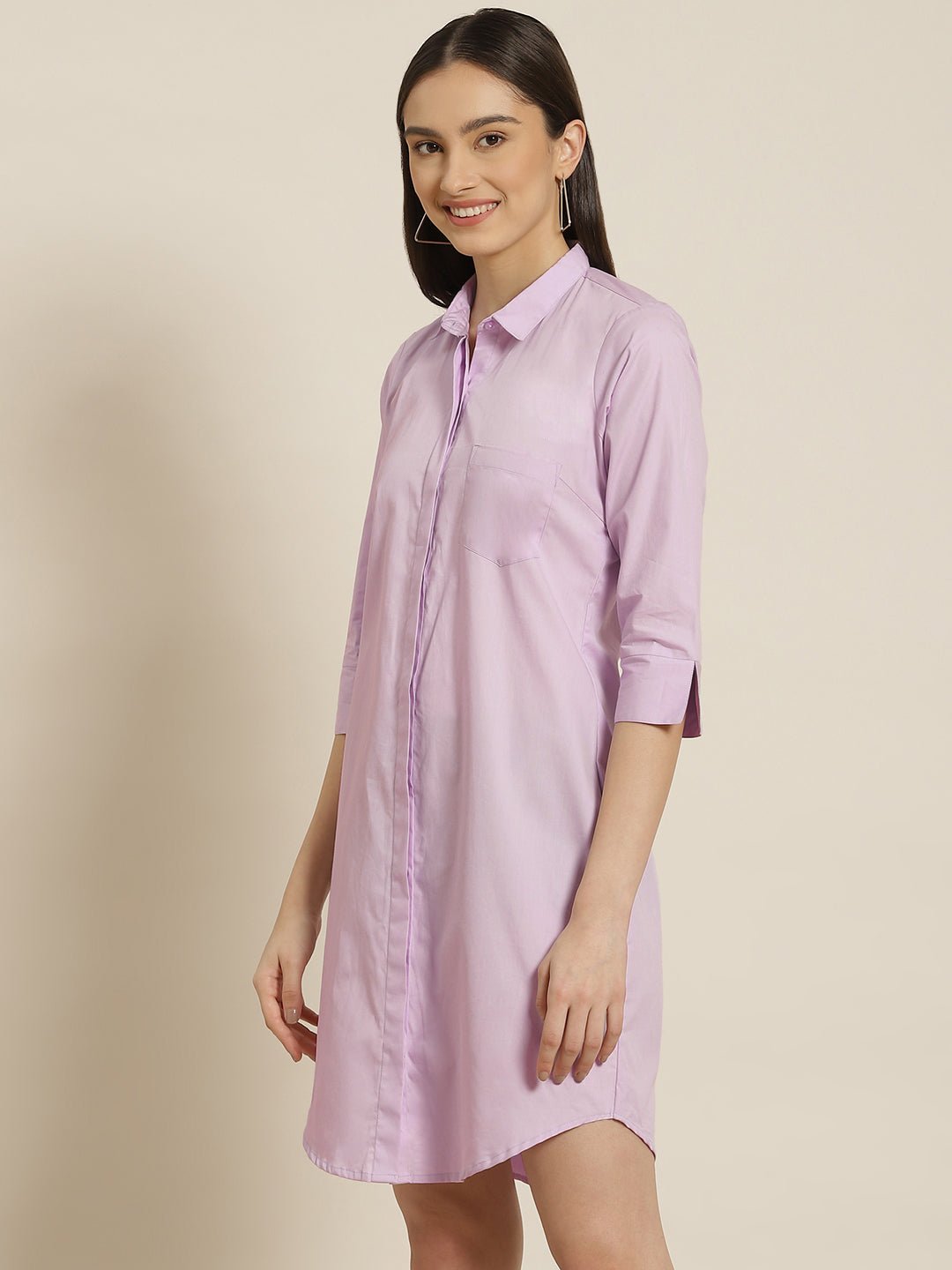 Women Lavender Solid Pure Cotton Regular Fit Shirt Dress - #folk republic#