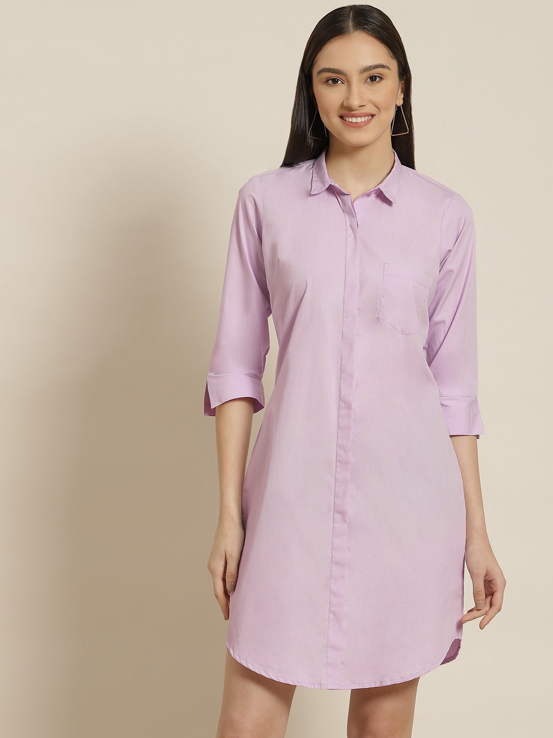 Women Lavender Solid Pure Cotton Regular Fit Shirt Dress - #folk republic#