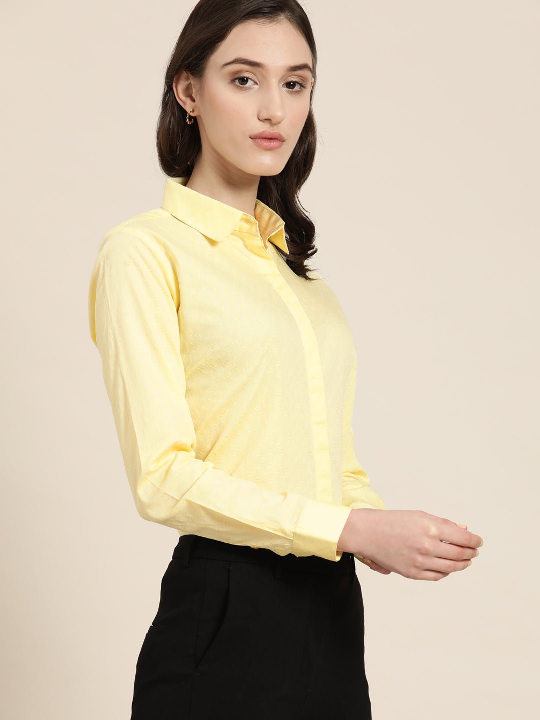 Women Lemon Solid Pure Cotton Regular Fit Formal Shirt - #folk republic#