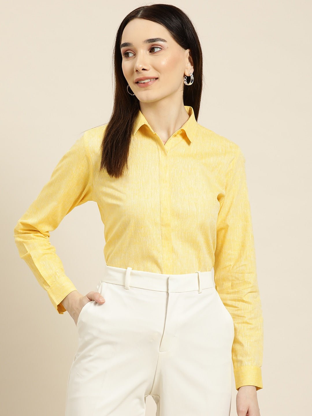 Women Lemon Solids Linen Cotton Slim Fit Formal Shirt - #folk republic#