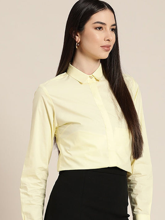 Women Lemon Solids Pure Cotton Slim Fit Formal Shirt - #folk republic#