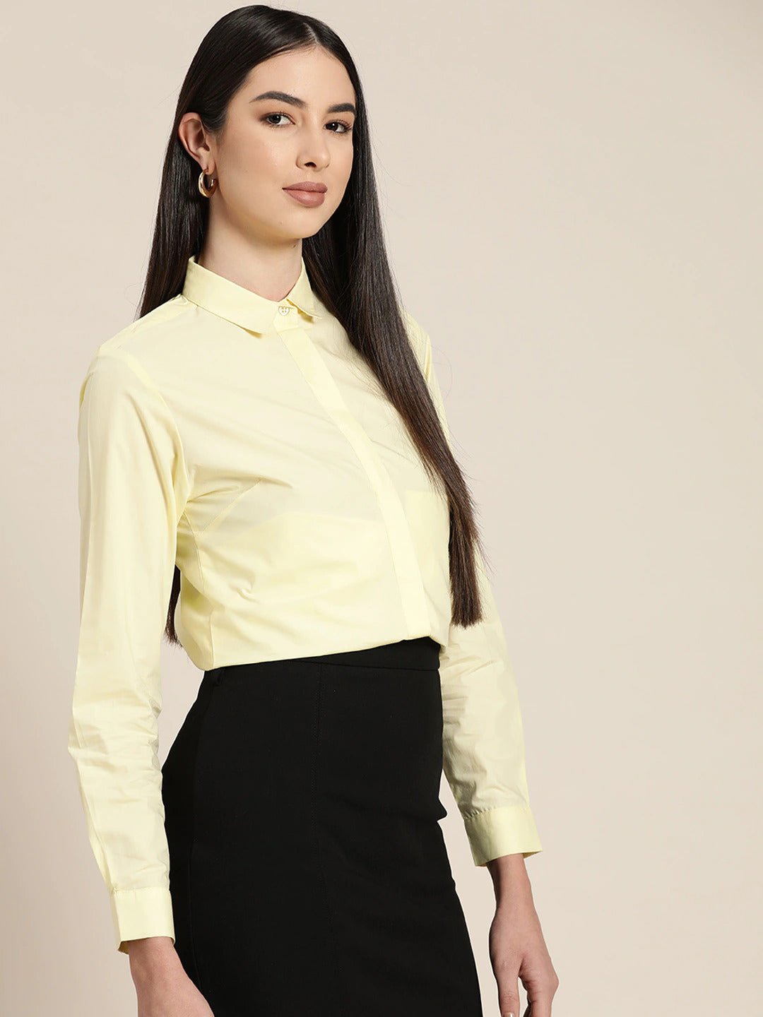 Women Lemon Solids Pure Cotton Slim Fit Formal Shirt - #folk republic#